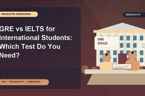 GRE vs IELTS for International Students: Which Test Do You Need? — editorial illustration for GRE graduate admissions, showing a student reviewing program fit and admission requirements with an academic adviser.