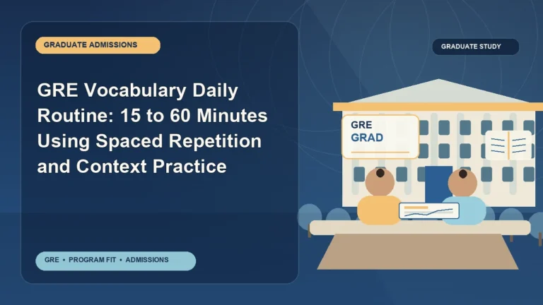 GRE Vocabulary Daily Routine: 15 to 60 Minutes Using Spaced Repetition and Context Practice — editorial illustration for GRE graduate admissions, showing a student reviewing program fit and admission requirements with an academic adviser.