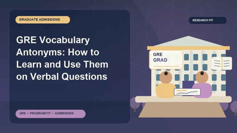 GRE Vocabulary Antonyms: How to Learn and Use Them on Verbal Questions — editorial illustration for GRE graduate admissions, showing a student reviewing program fit and admission requirements with an academic adviser.