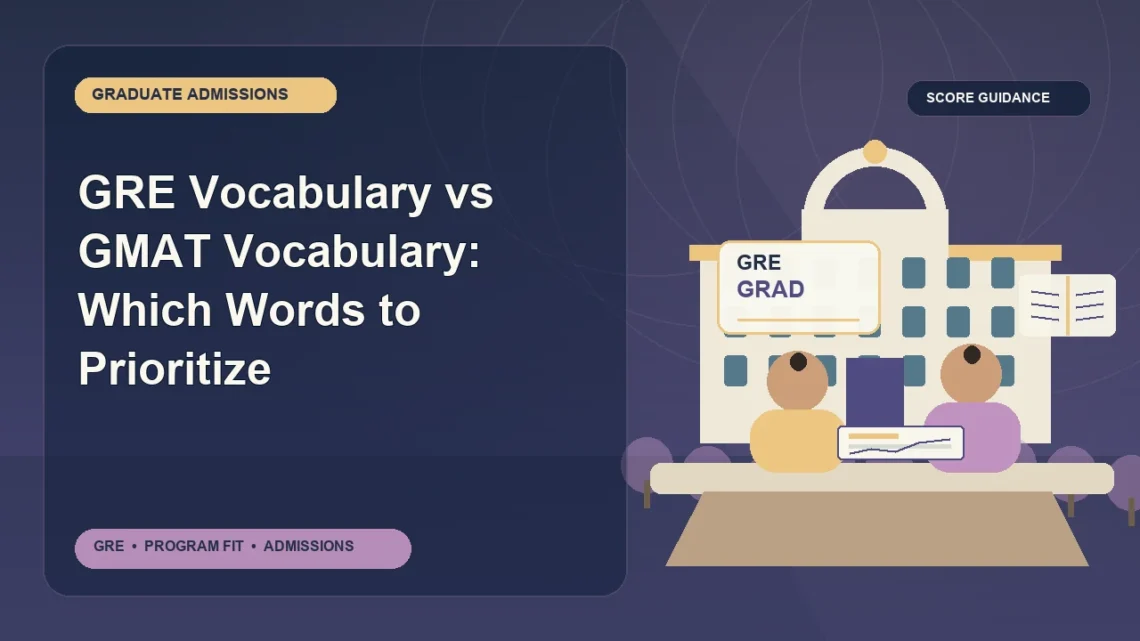 GRE Vocabulary vs GMAT Vocabulary: Which Words to Prioritize — editorial illustration for GRE graduate admissions, showing a student reviewing program fit and admission requirements with an academic adviser.