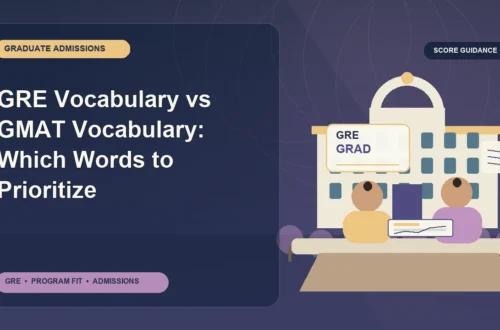 GRE Vocabulary vs GMAT Vocabulary: Which Words to Prioritize — editorial illustration for GRE graduate admissions, showing a student reviewing program fit and admission requirements with an academic adviser.