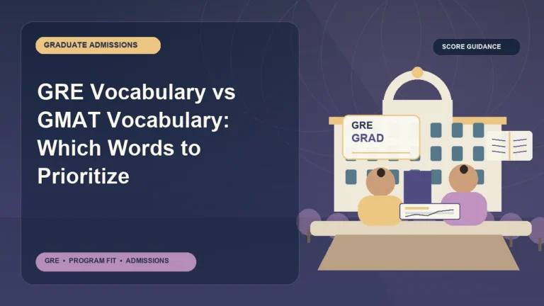 GRE Vocabulary vs GMAT Vocabulary: Which Words to Prioritize — editorial illustration for GRE graduate admissions, showing a student reviewing program fit and admission requirements with an academic adviser.