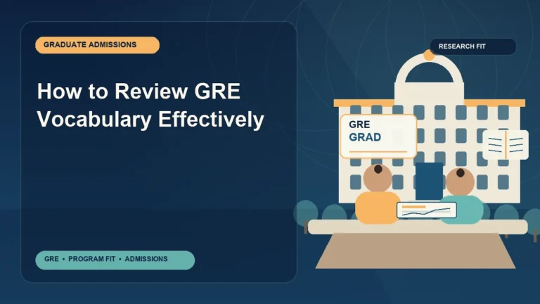 How to Review GRE Vocabulary Effectively — editorial illustration for GRE graduate admissions, showing a student reviewing program fit and admission requirements with an academic adviser.