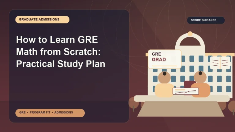 How to Learn GRE Math from Scratch: Practical Study Plan — editorial illustration for GRE graduate admissions, showing a student reviewing program fit and admission requirements with an academic adviser.