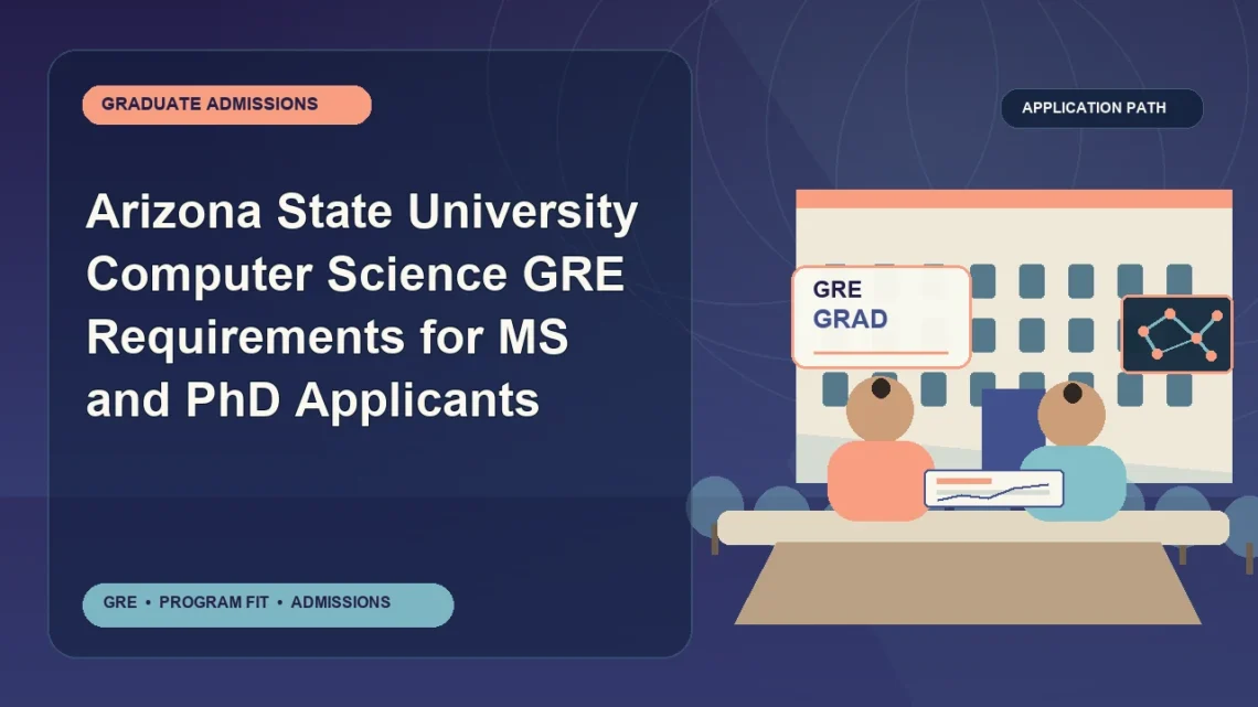 Arizona State University Computer Science GRE Requirements for MS and PhD Applicants — editorial illustration for GRE graduate admissions, showing a student reviewing program fit and admission requirements with an academic adviser.