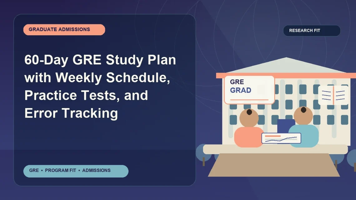 60-Day GRE Study Plan with Weekly Schedule, Practice Tests, and Error Tracking — editorial illustration for GRE graduate admissions, showing a student reviewing program fit and admission requirements with an academic adviser.
