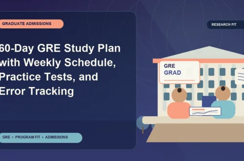 60-Day GRE Study Plan with Weekly Schedule, Practice Tests, and Error Tracking — editorial illustration for GRE graduate admissions, showing a student reviewing program fit and admission requirements with an academic adviser.