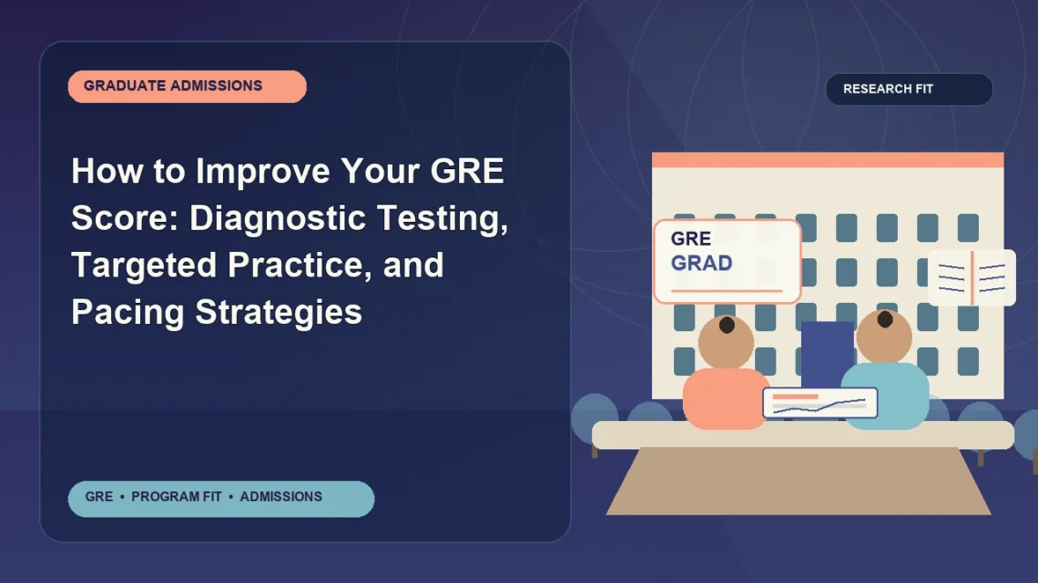 How to Improve Your GRE Score: Diagnostic Testing, Targeted Practice, and Pacing Strategies — editorial illustration for GRE graduate admissions, showing a student reviewing program fit and admission requirements with an academic adviser.