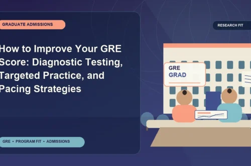 How to Improve Your GRE Score: Diagnostic Testing, Targeted Practice, and Pacing Strategies — editorial illustration for GRE graduate admissions, showing a student reviewing program fit and admission requirements with an academic adviser.