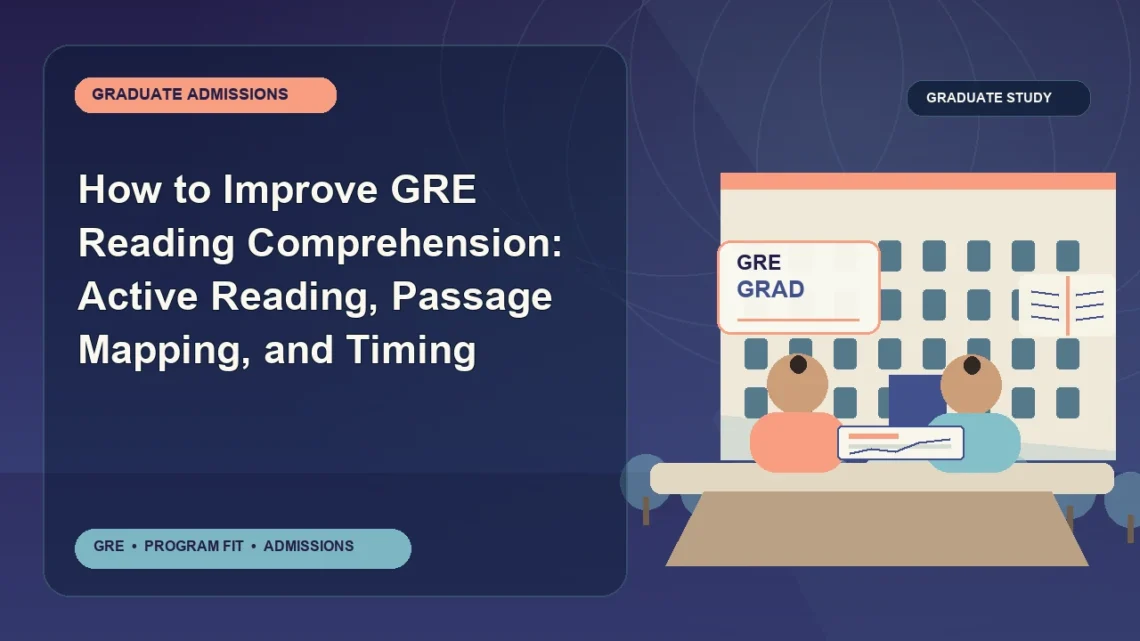How to Improve GRE Reading Comprehension: Active Reading, Passage Mapping, and Timing — editorial illustration for GRE graduate admissions, showing a student reviewing program fit and admission requirements with an academic adviser.
