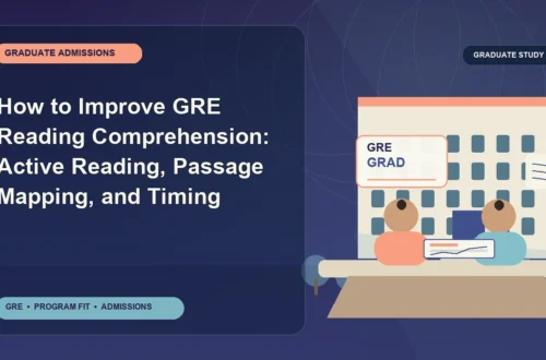 How to Improve GRE Reading Comprehension: Active Reading, Passage Mapping, and Timing — editorial illustration for GRE graduate admissions, showing a student reviewing program fit and admission requirements with an academic adviser.