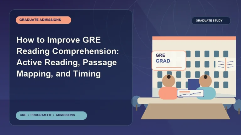 How to Improve GRE Reading Comprehension: Active Reading, Passage Mapping, and Timing — editorial illustration for GRE graduate admissions, showing a student reviewing program fit and admission requirements with an academic adviser.