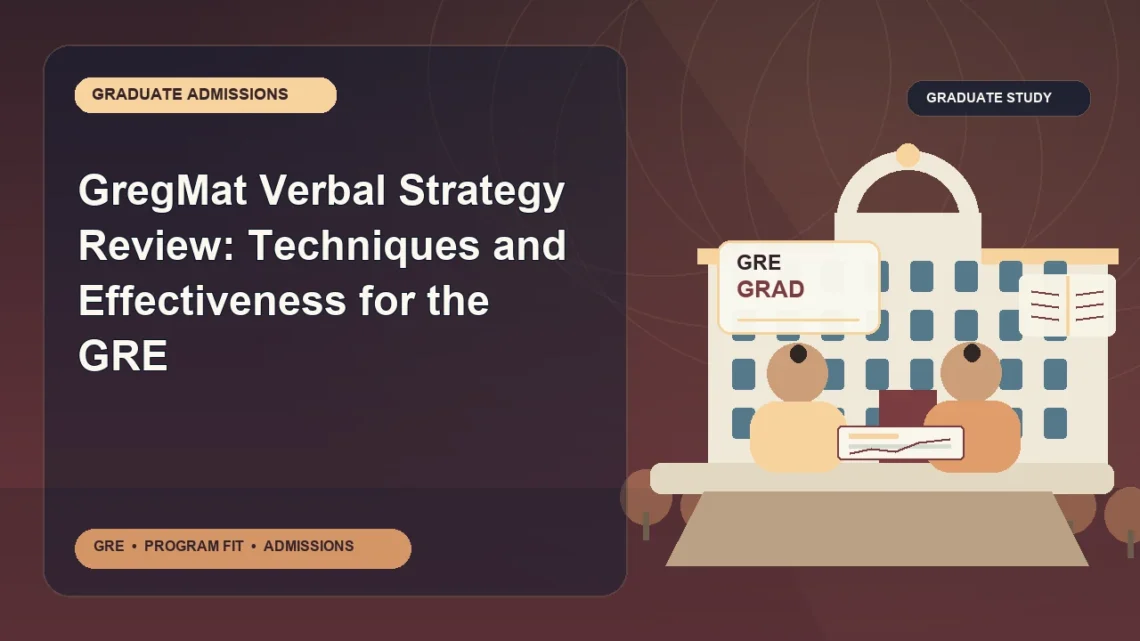 GregMat Verbal Strategy Review: Techniques and Effectiveness for the GRE — editorial illustration for GRE graduate admissions, showing a student reviewing program fit and admission requirements with an academic adviser.