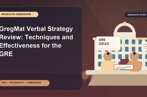 GregMat Verbal Strategy Review: Techniques and Effectiveness for the GRE — editorial illustration for GRE graduate admissions, showing a student reviewing program fit and admission requirements with an academic adviser.