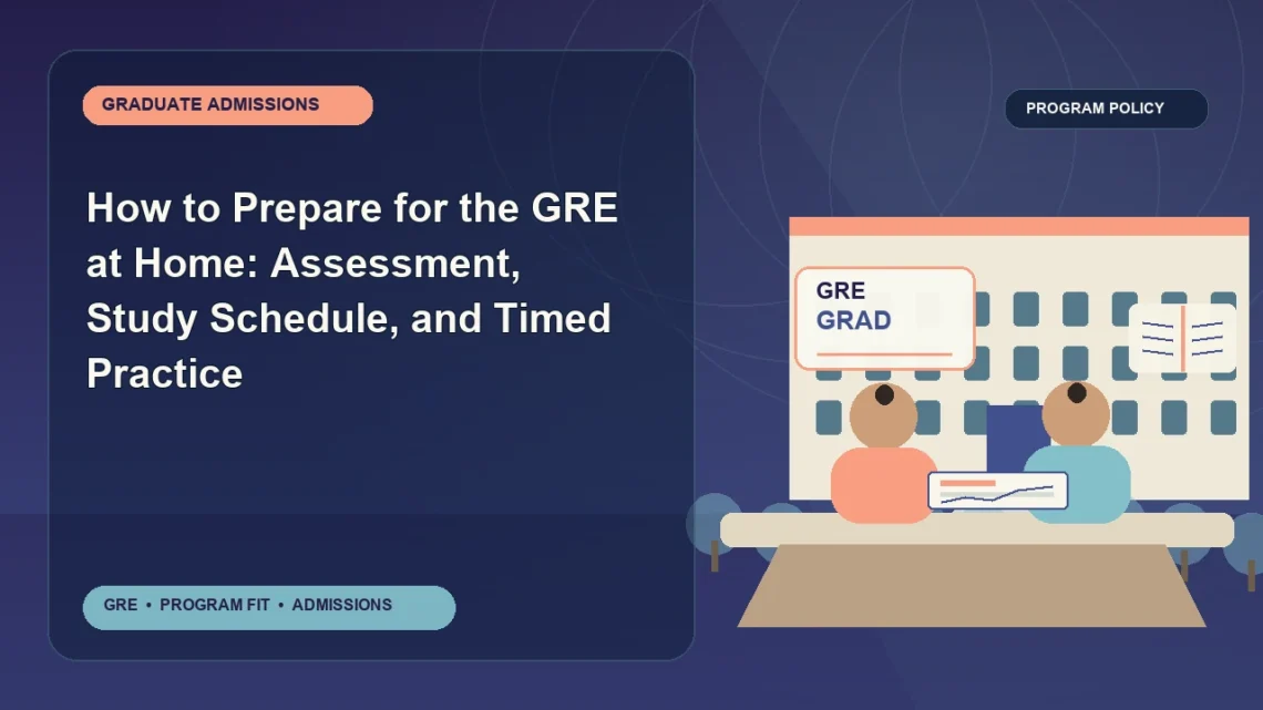 How to Prepare for the GRE at Home: Assessment, Study Schedule, and Timed Practice — editorial illustration for GRE graduate admissions, showing a student reviewing program fit and admission requirements with an academic adviser.