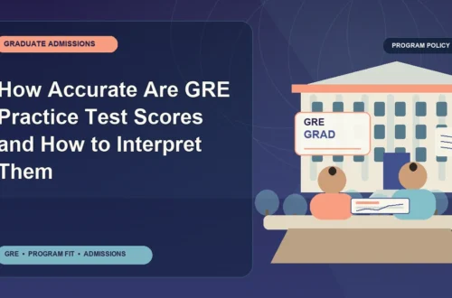 How Accurate Are GRE Practice Test Scores and How to Interpret Them — editorial illustration for GRE graduate admissions, showing a student reviewing program fit and admission requirements with an academic adviser.