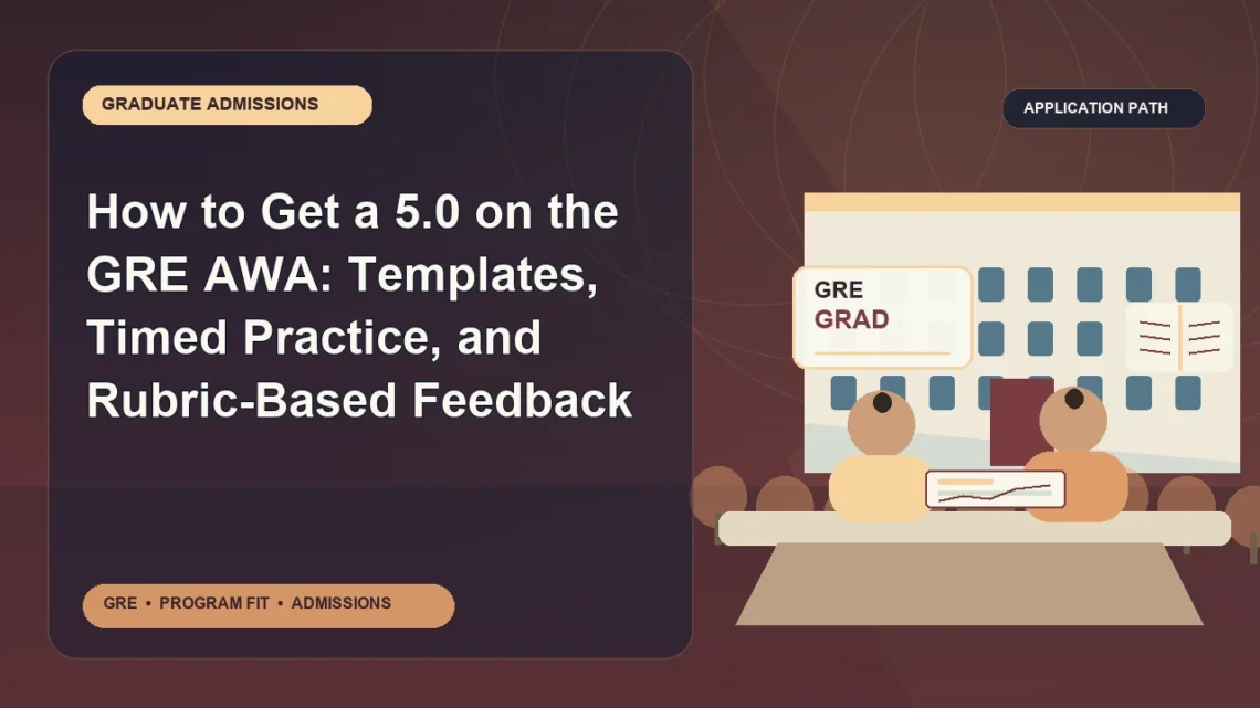How to Get a 5.0 on the GRE AWA: Templates, Timed Practice, and Rubric-Based Feedback — editorial illustration for GRE graduate admissions, showing a student reviewing program fit and admission requirements with an academic adviser.