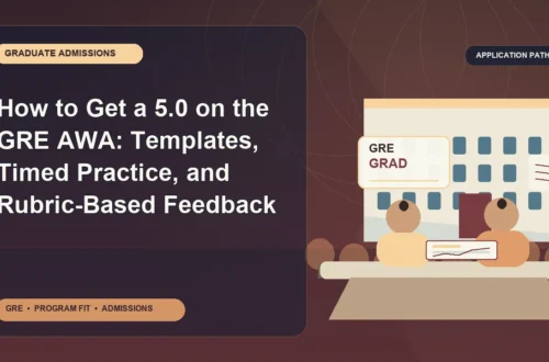 How to Get a 5.0 on the GRE AWA: Templates, Timed Practice, and Rubric-Based Feedback — editorial illustration for GRE graduate admissions, showing a student reviewing program fit and admission requirements with an academic adviser.