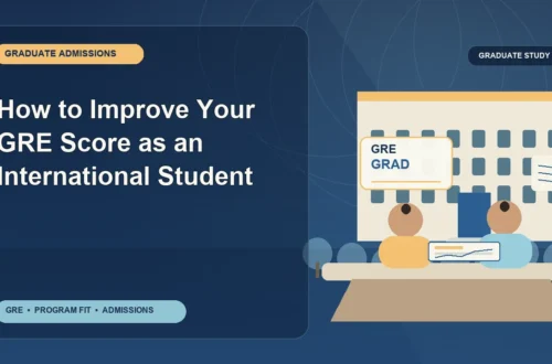 How to Improve Your GRE Score as an International Student — editorial illustration for GRE graduate admissions, showing a student reviewing program fit and admission requirements with an academic adviser.