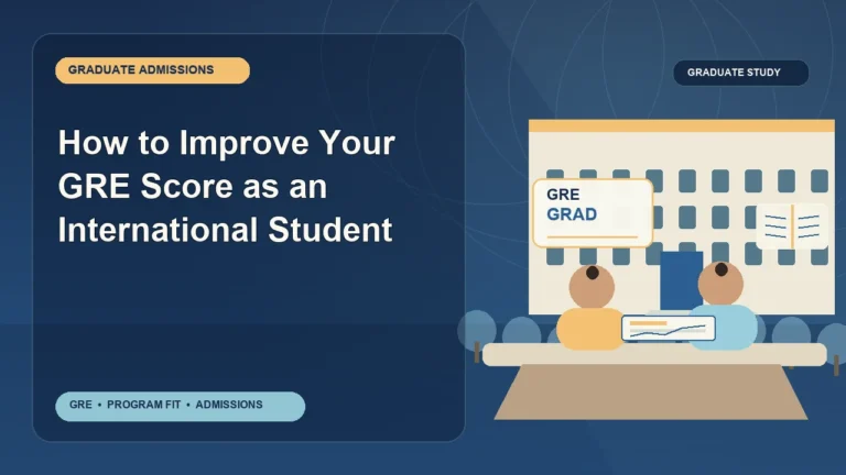 How to Improve Your GRE Score as an International Student — editorial illustration for GRE graduate admissions, showing a student reviewing program fit and admission requirements with an academic adviser.