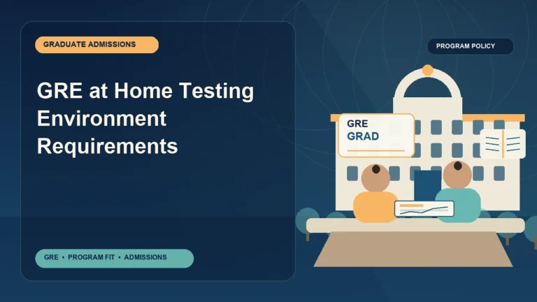 GRE at Home Testing Environment Requirements — editorial illustration for GRE graduate admissions, showing a student reviewing program fit and admission requirements with an academic adviser.