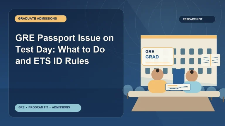 GRE Passport Issue on Test Day: What to Do and ETS ID Rules — editorial illustration for GRE graduate admissions, showing a student reviewing program fit and admission requirements with an academic adviser.