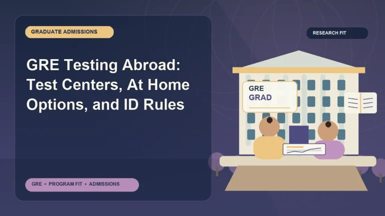 GRE Testing Abroad: Test Centers, At Home Options, and ID Rules — editorial illustration for GRE graduate admissions, showing a student reviewing program fit and admission requirements with an academic adviser.