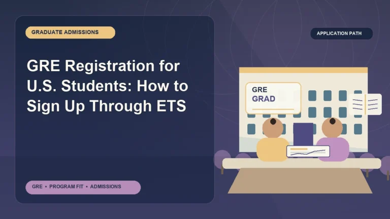 GRE Registration for U.S. Students: How to Sign Up Through ETS — editorial illustration for GRE graduate admissions, showing a student reviewing program fit and admission requirements with an academic adviser.