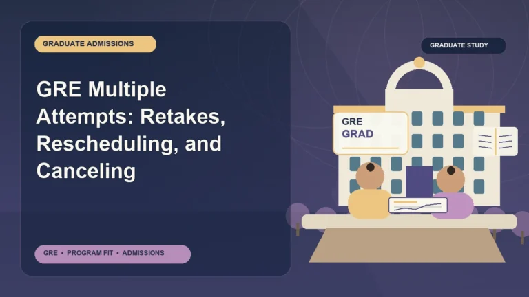 GRE Multiple Attempts: Retakes, Rescheduling, and Canceling — editorial illustration for GRE graduate admissions, showing a student reviewing program fit and admission requirements with an academic adviser.