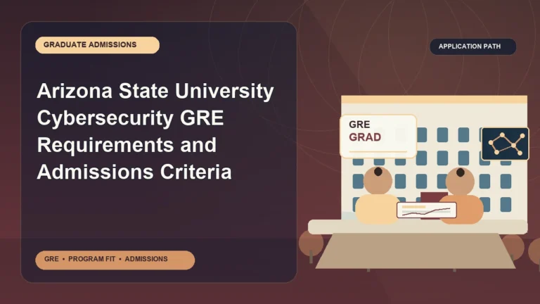 Arizona State University Cybersecurity GRE Requirements and Admissions Criteria — editorial illustration for GRE graduate admissions, showing a student reviewing program fit and admission requirements with an academic adviser.