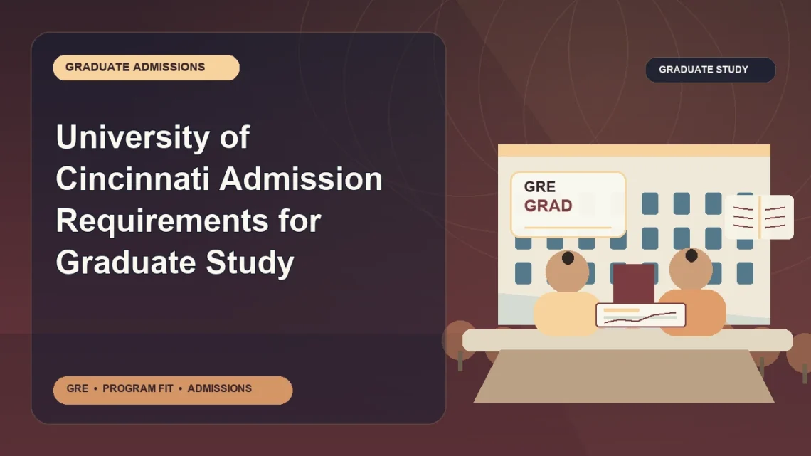 University of Cincinnati Admission Requirements for Graduate Study — editorial illustration for GRE graduate admissions, showing a student reviewing program fit and admission requirements with an academic adviser.