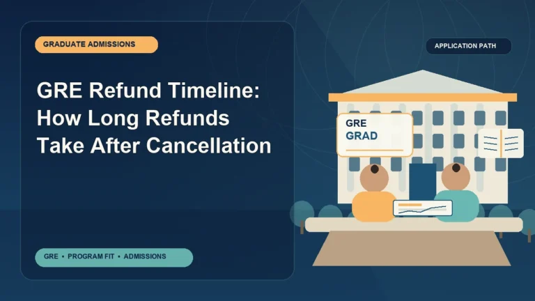 GRE Refund Timeline: How Long Refunds Take After Cancellation — editorial illustration for GRE graduate admissions, showing a student reviewing program fit and admission requirements with an academic adviser.