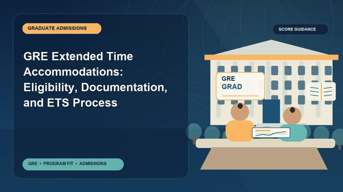 GRE Extended Time Accommodations: Eligibility, Documentation, and ETS Process — editorial illustration for GRE graduate admissions, showing a student reviewing program fit and admission requirements with an academic adviser.