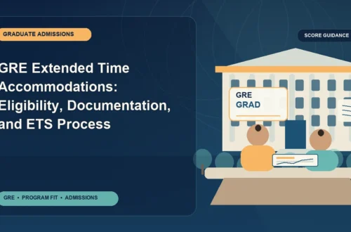 GRE Extended Time Accommodations: Eligibility, Documentation, and ETS Process — editorial illustration for GRE graduate admissions, showing a student reviewing program fit and admission requirements with an academic adviser.