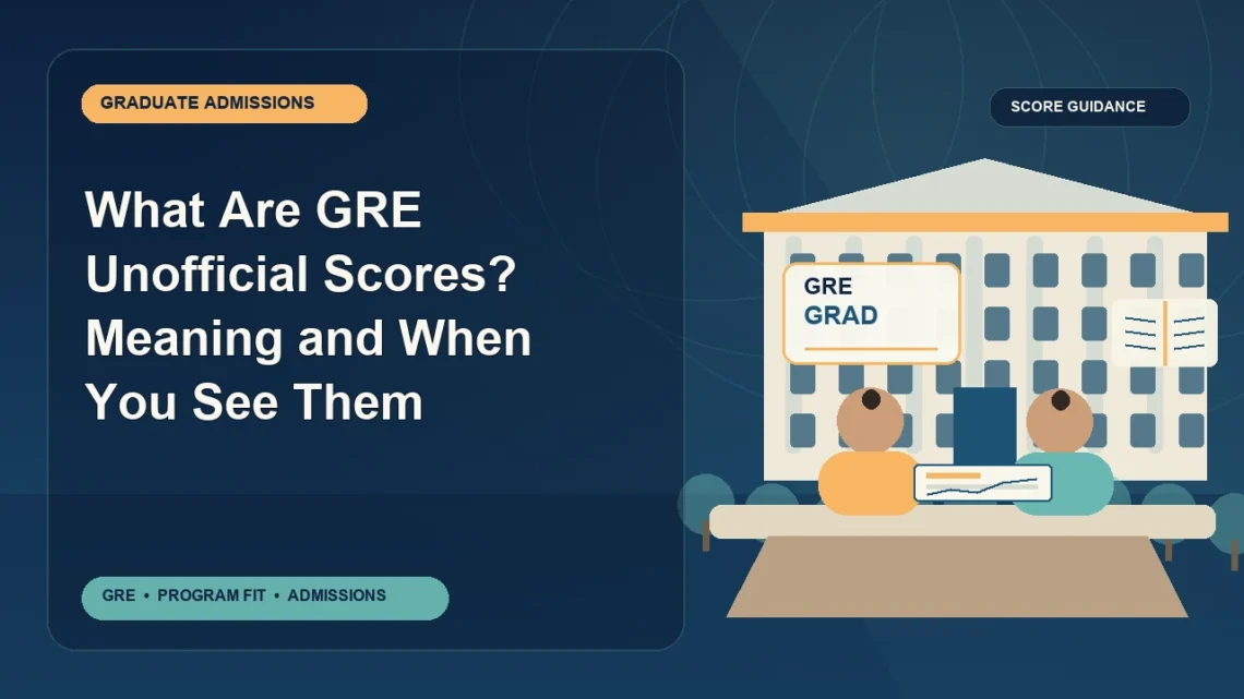 What Are GRE Unofficial Scores? Meaning and When You See Them — editorial illustration for GRE graduate admissions, showing a student reviewing program fit and admission requirements with an academic adviser.