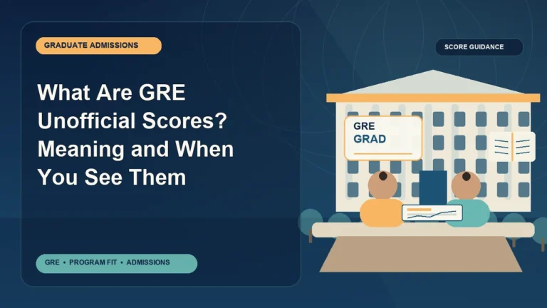 What Are GRE Unofficial Scores? Meaning and When You See Them — editorial illustration for GRE graduate admissions, showing a student reviewing program fit and admission requirements with an academic adviser.