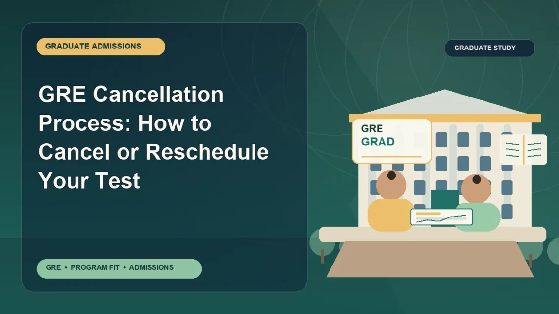 GRE Cancellation Process: How to Cancel or Reschedule Your Test — editorial illustration for GRE graduate admissions, showing a student reviewing program fit and admission requirements with an academic adviser.
