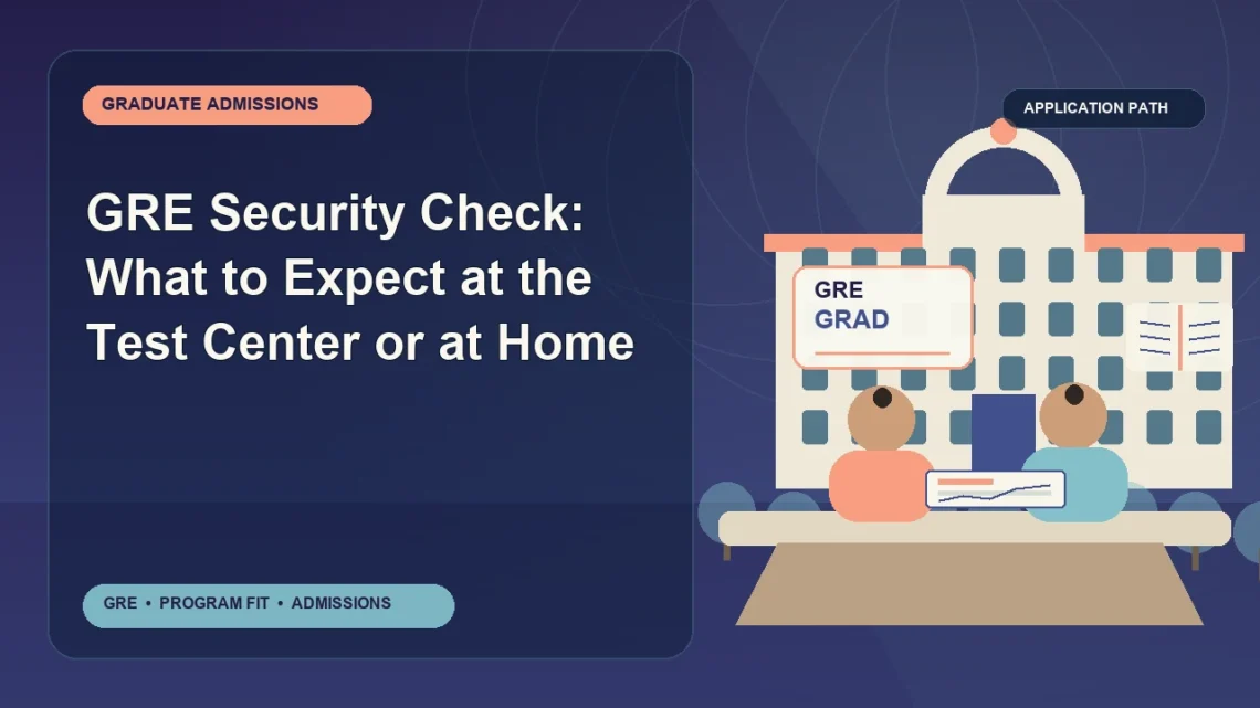 GRE Security Check: What to Expect at the Test Center or at Home — editorial illustration for GRE graduate admissions, showing a student reviewing program fit and admission requirements with an academic adviser.