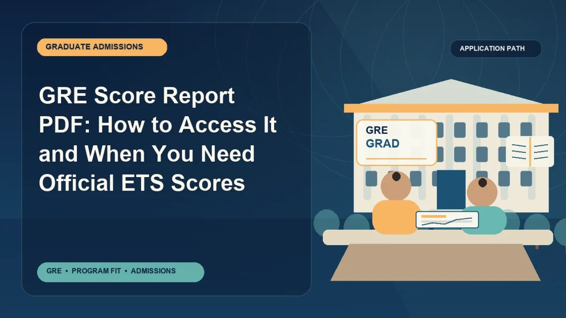 GRE Score Report PDF: How to Access It and When You Need Official ETS Scores — editorial illustration for GRE graduate admissions, showing a student reviewing program fit and admission requirements with an academic adviser.