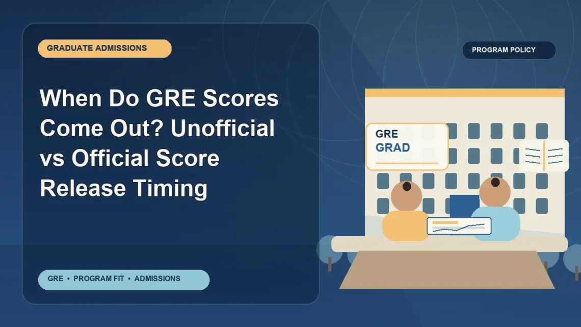 When Do GRE Scores Come Out? Unofficial vs Official Score Release Timing — editorial illustration for GRE graduate admissions, showing a student reviewing program fit and admission requirements with an academic adviser.
