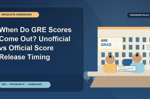 When Do GRE Scores Come Out? Unofficial vs Official Score Release Timing — editorial illustration for GRE graduate admissions, showing a student reviewing program fit and admission requirements with an academic adviser.