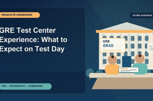 GRE Test Center Experience: What to Expect on Test Day — editorial illustration for GRE graduate admissions, showing a student reviewing program fit and admission requirements with an academic adviser.