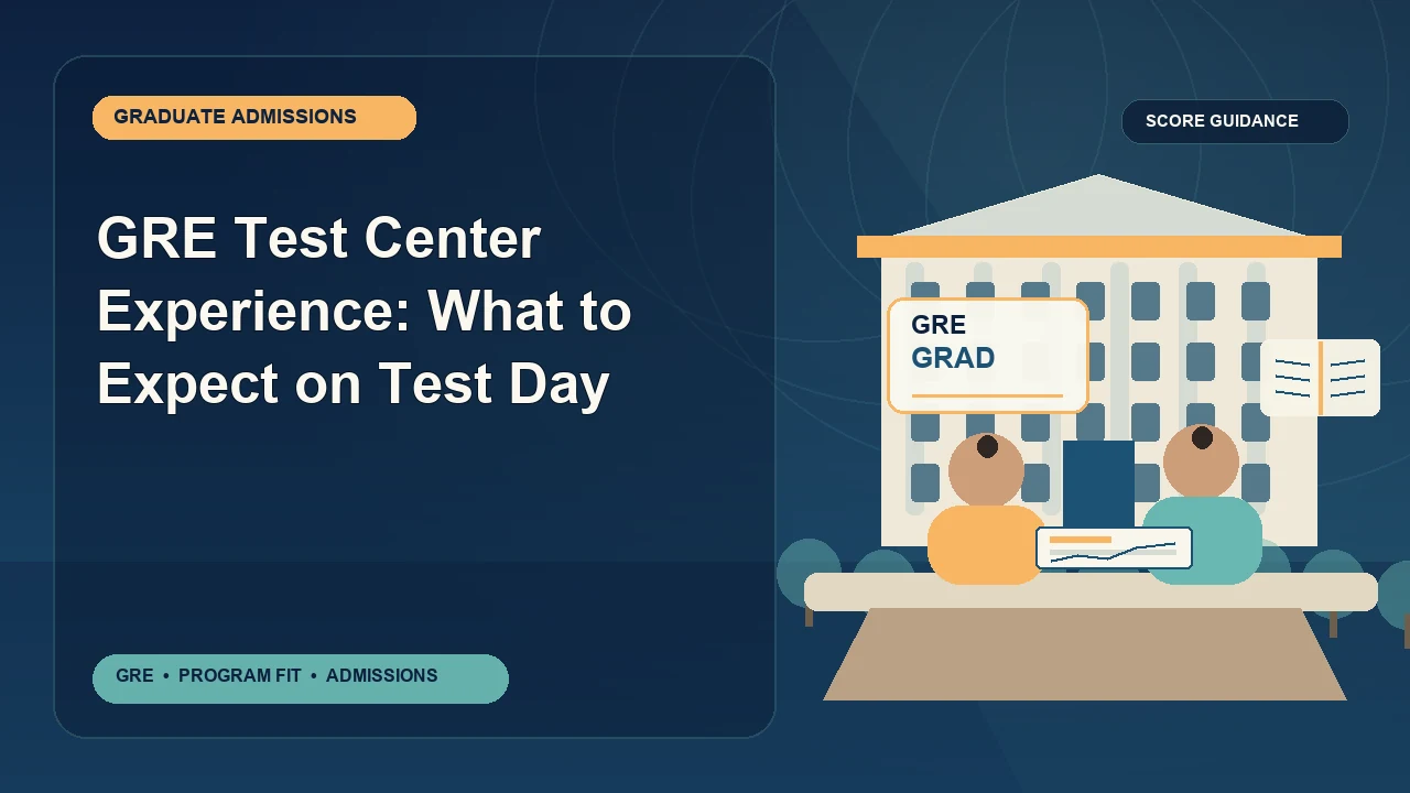 GRE Test Center Experience: What to Expect on Test Day — editorial illustration for GRE graduate admissions, showing a student reviewing program fit and admission requirements with an academic adviser.