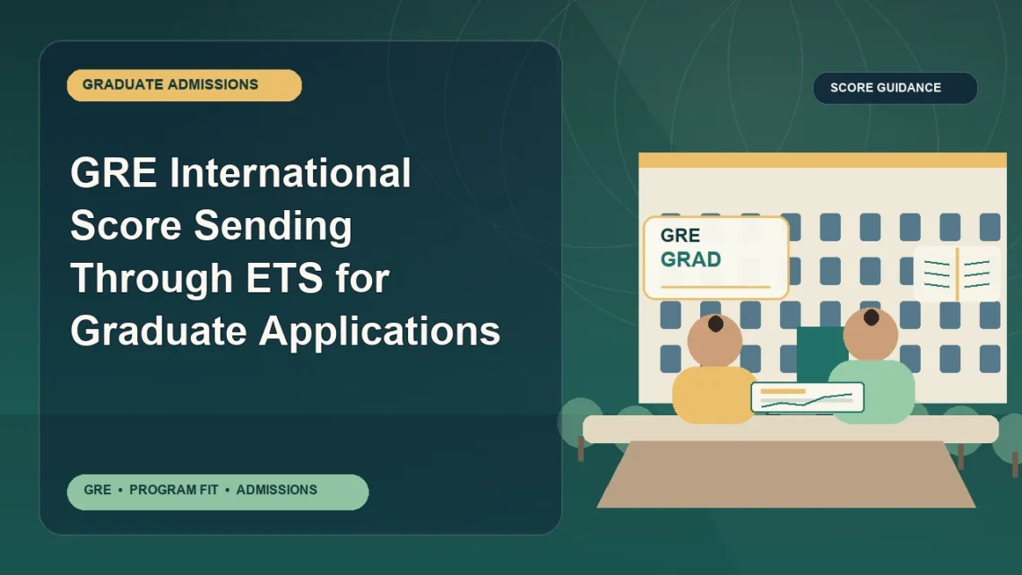 GRE International Score Sending Through ETS for Graduate Applications — editorial illustration for GRE graduate admissions, showing a student reviewing program fit and admission requirements with an academic adviser.