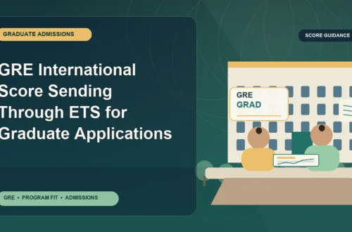 GRE International Score Sending Through ETS for Graduate Applications — editorial illustration for GRE graduate admissions, showing a student reviewing program fit and admission requirements with an academic adviser.