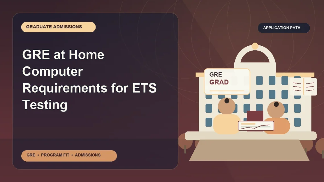GRE at Home Computer Requirements for ETS Testing — editorial illustration for GRE graduate admissions, showing a student reviewing program fit and admission requirements with an academic adviser.