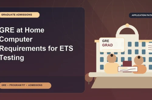 GRE at Home Computer Requirements for ETS Testing — editorial illustration for GRE graduate admissions, showing a student reviewing program fit and admission requirements with an academic adviser.
