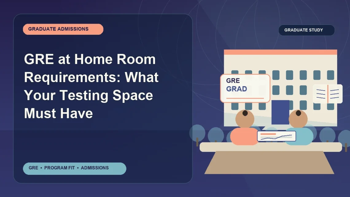 GRE at Home Room Requirements: What Your Testing Space Must Have — editorial illustration for GRE graduate admissions, showing a student reviewing program fit and admission requirements with an academic adviser.