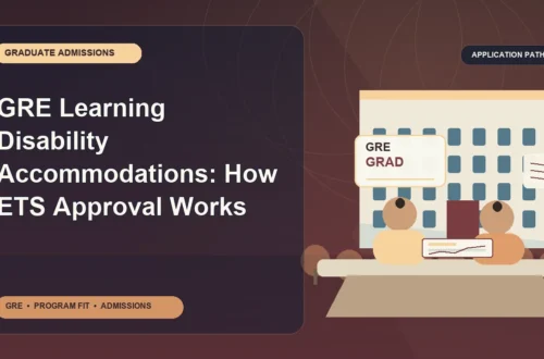GRE Learning Disability Accommodations: How ETS Approval Works — editorial illustration for GRE graduate admissions, showing a student reviewing program fit and admission requirements with an academic adviser.