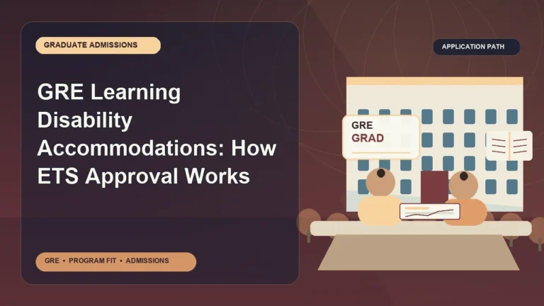 GRE Learning Disability Accommodations: How ETS Approval Works — editorial illustration for GRE graduate admissions, showing a student reviewing program fit and admission requirements with an academic adviser.